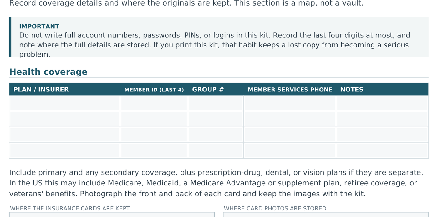 Detail of page 7: a note not to record full account numbers or passwords, above the health coverage table