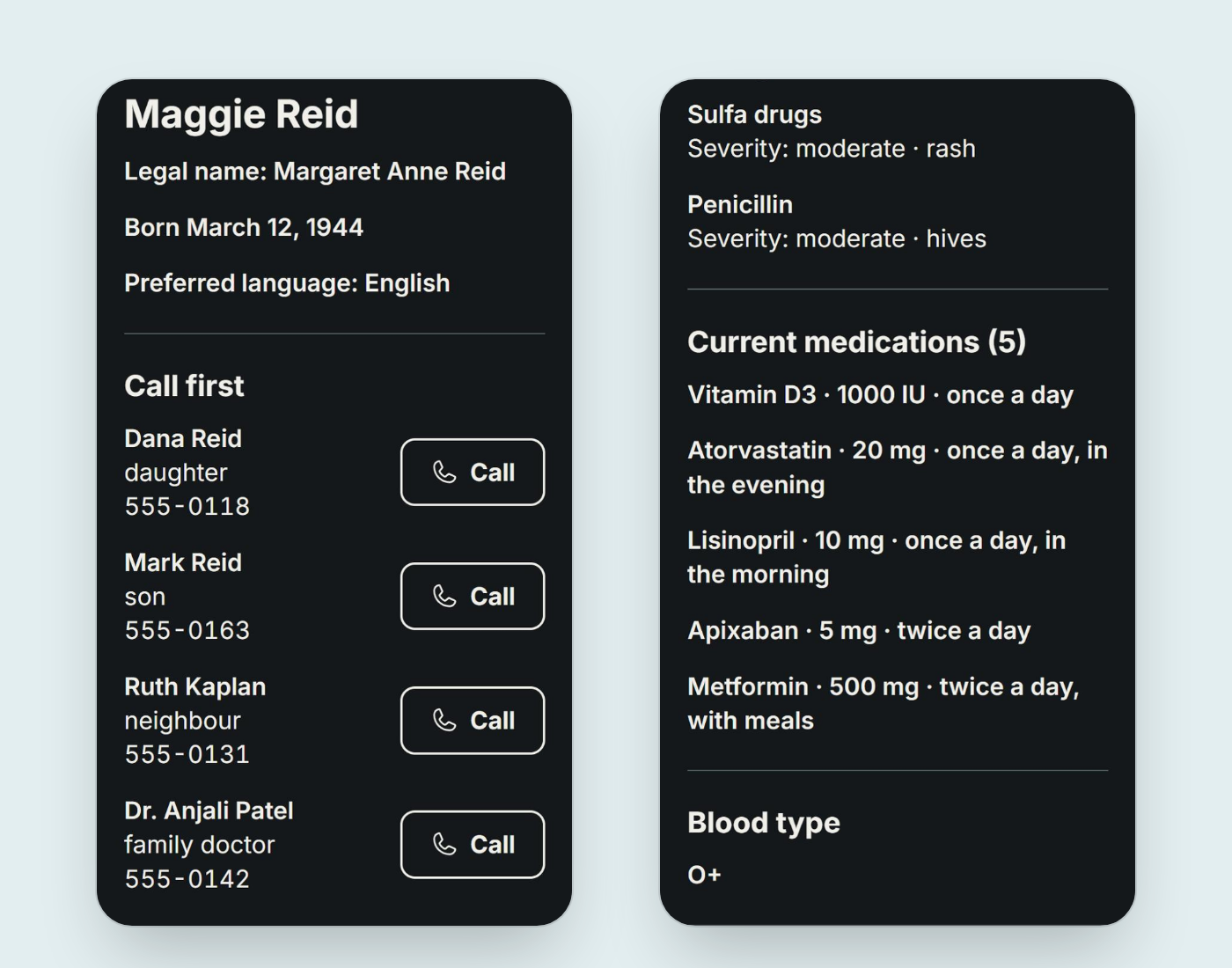 The Nearhand Emergency Card with a sample family: who to call first, allergies and current medications