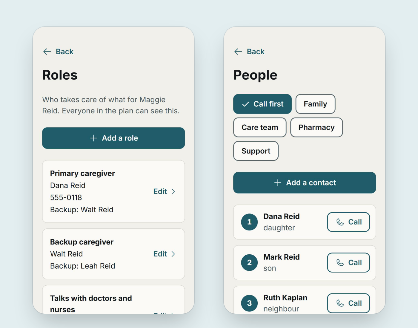 Nearhand's Roles and People screens with a sample family: who handles what, and who to call first