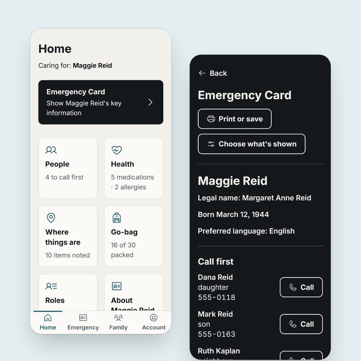 Two Nearhand screens with a sample family: the plan's home screen and the Emergency Card