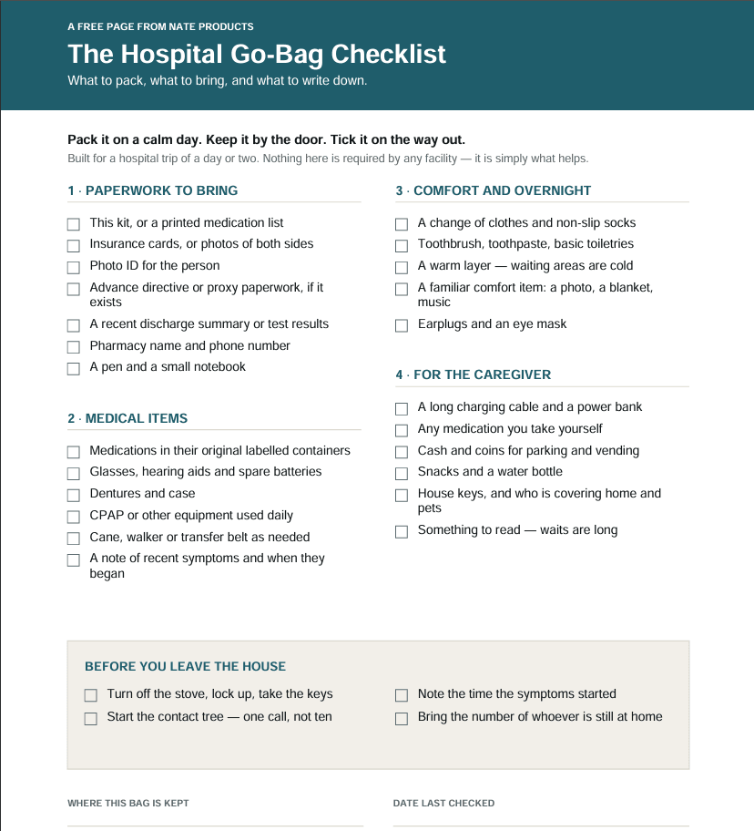 The first page of the Hospital Go-Bag Checklist PDF: four numbered sections of tick boxes for paperwork to bring, medical items, comfort and overnight things, and what the caregiver needs.