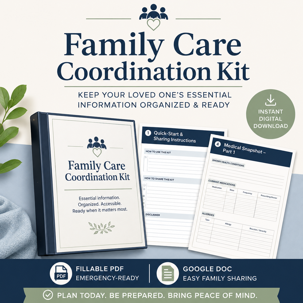Family Care Coordination Kit: the kit in a navy binder beside two sample sheets, with the fillable PDF and Google Doc formats noted