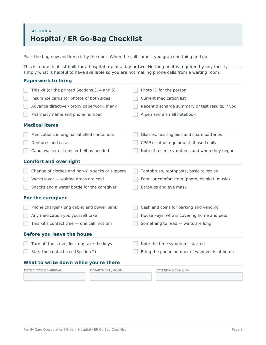 Page 9: checklists of paperwork, medical items, comfort items and things to do before leaving the house